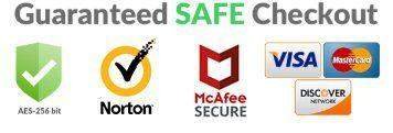 Secure Checkout Trust Icons: Norton, McAfee. Visa / Mastercard / Discover accepted